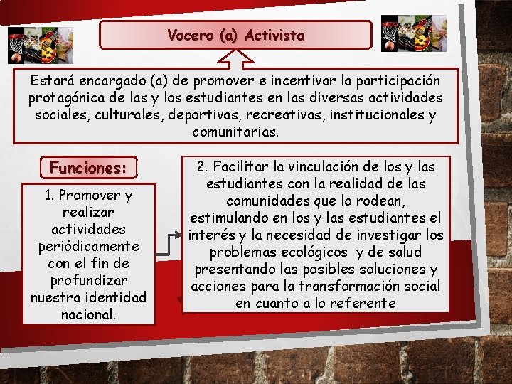 Vocero (a) Activista Estará encargado (a) de promover e incentivar la participación protagónica de