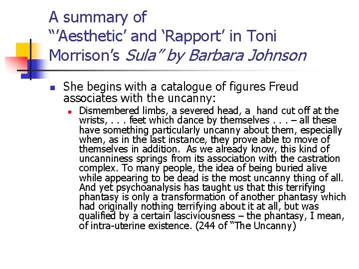A summary of “’Aesthetic’ and ‘Rapport’ in Toni Morrison’s Sula” by Barbara Johnson n