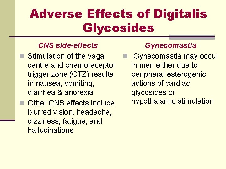 Adverse Effects of Digitalis Glycosides CNS side-effects Gynecomastia n Stimulation of the vagal n Adverse Effects of Digitalis Glycosides CNS side-effects Gynecomastia n Stimulation of the vagal n