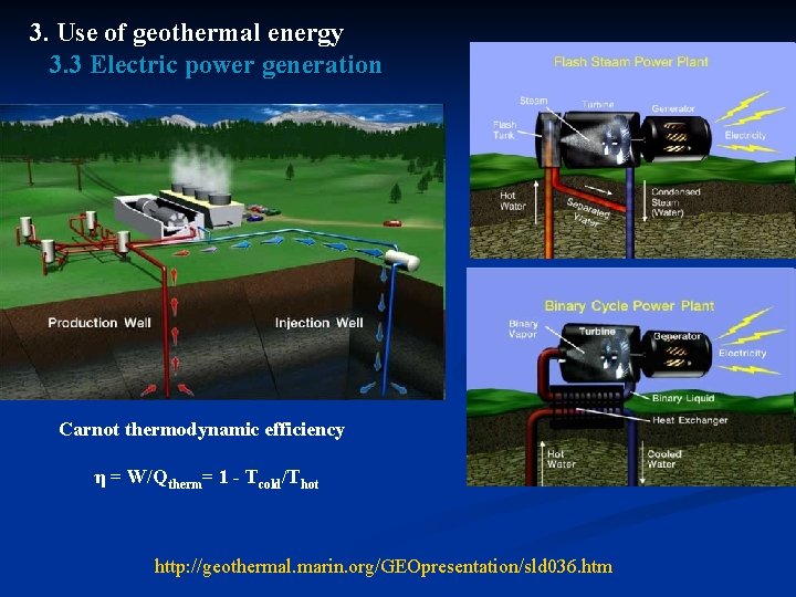 3. Use of geothermal energy 3. 3 Electric power generation Carnot thermodynamic efficiency η