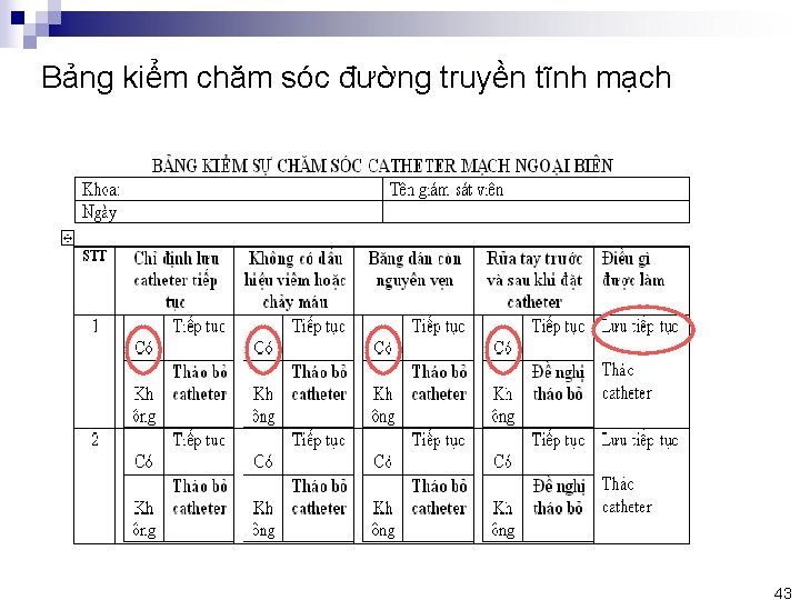 Bảng kiểm chăm sóc đường truyền tĩnh mạch 43 