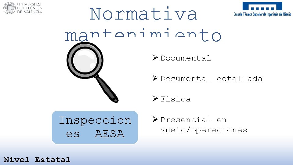 Normativa mantenimiento Certificado Aeronavegabili Ø Documental dad Ø Documental detallada Manual Ø Física Inspeccion