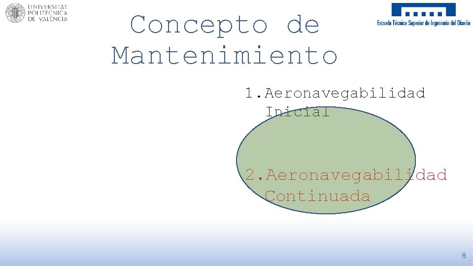 Concepto de Mantenimiento 1. Aeronavegabilidad Inicial 2. Aeronavegabilidad Continuada 8 