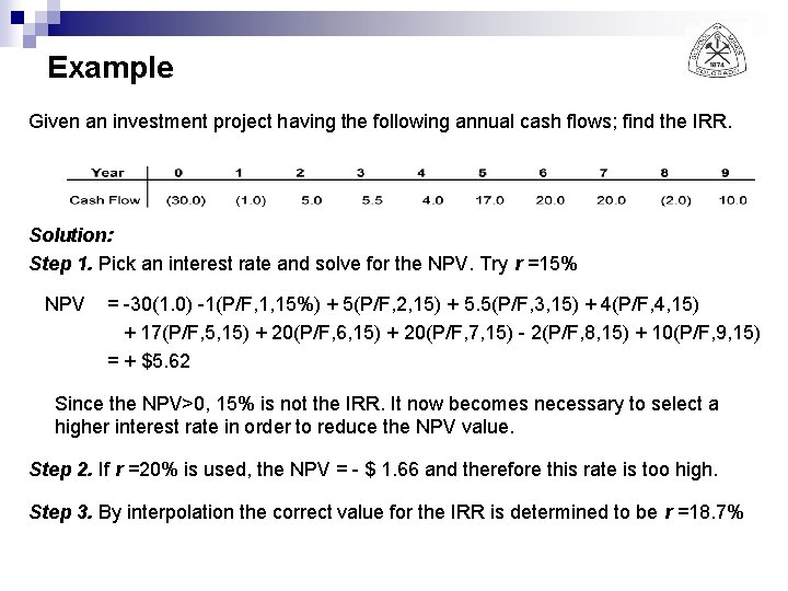 Example Given an investment project having the following annual cash flows; find the IRR.
