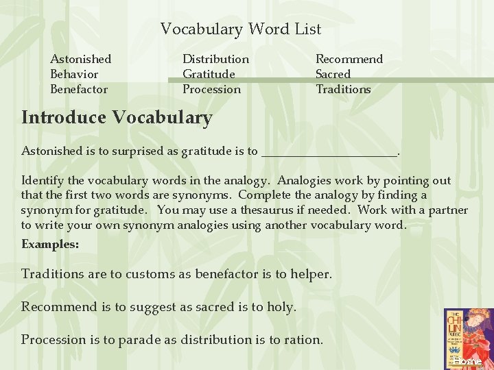 Vocabulary Word List Astonished Behavior Benefactor Distribution Gratitude Procession Recommend Sacred Traditions Introduce Vocabulary