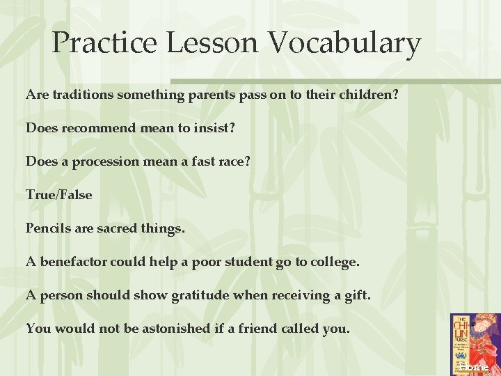Practice Lesson Vocabulary Are traditions something parents pass on to their children? Does recommend