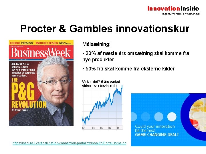 Innovation. Inside Hvis du vil mestre nytænkning Procter & Gambles innovationskur Målsætning: • 20%