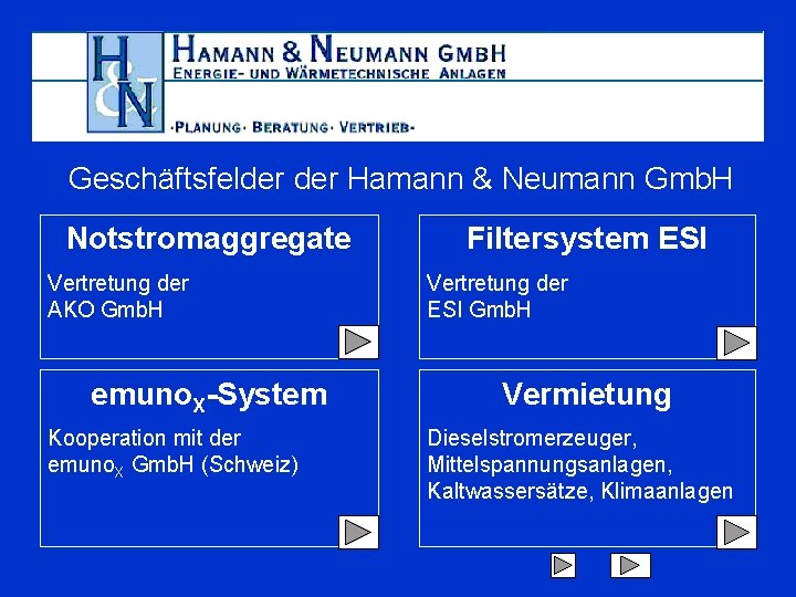 Geschäftsfelder Hamann & Neumann Gmb. H Notstromaggregate Vertretung der AKO Gmb. H emuno. X-System