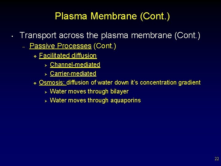 Plasma Membrane (Cont. ) • Transport across the plasma membrane (Cont. ) – Passive