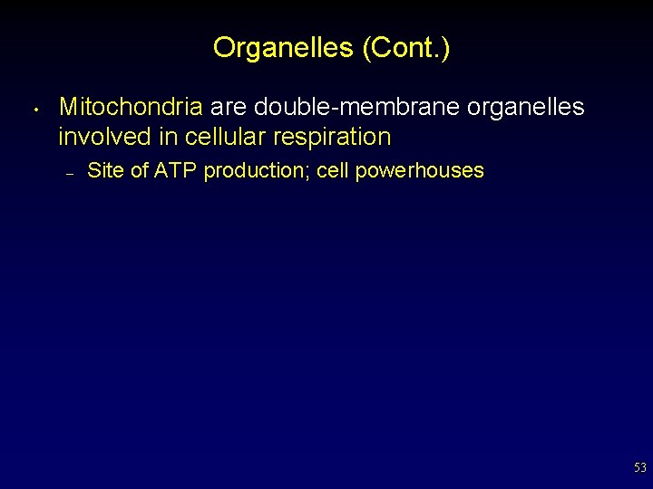 Organelles (Cont. ) • Mitochondria are double-membrane organelles involved in cellular respiration – Site