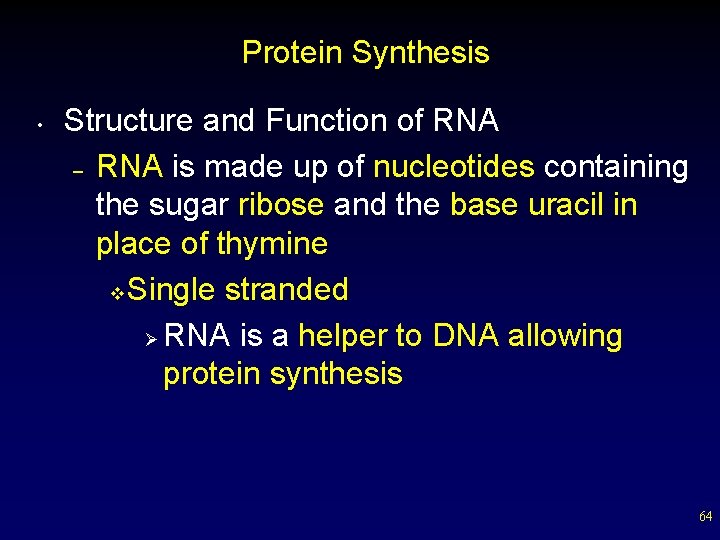 Protein Synthesis • Structure and Function of RNA – RNA is made up of