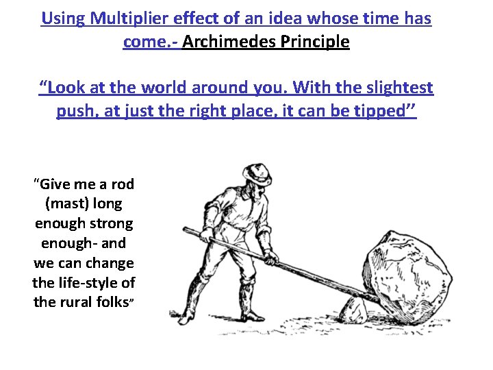 Using Multiplier effect of an idea whose time has come. Archimedes Principle “Look at