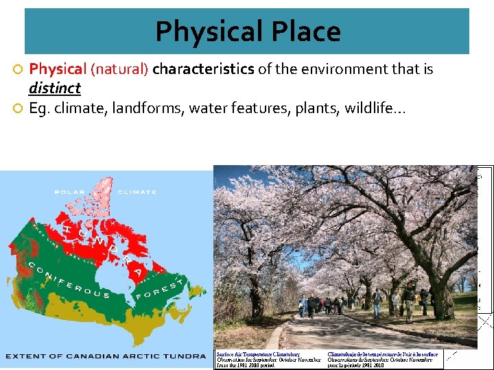 Physical Place Physical (natural) characteristics of the environment that is distinct Eg. climate, landforms,