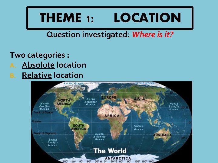 THEME 1: LOCATION Question investigated: Where is it? Two categories : A. Absolute location