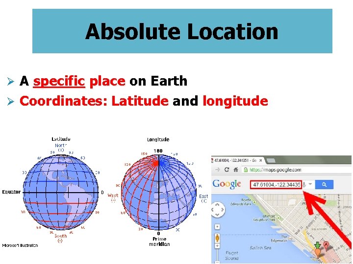 Absolute Location A specific place on Earth Ø Coordinates: Latitude and longitude Ø 