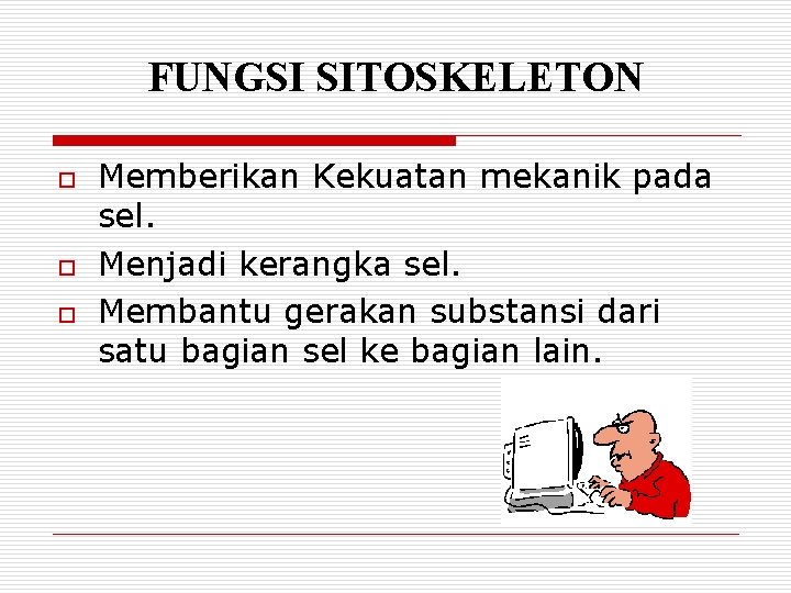 FUNGSI SITOSKELETON o o o Memberikan Kekuatan mekanik pada sel. Menjadi kerangka sel. Membantu