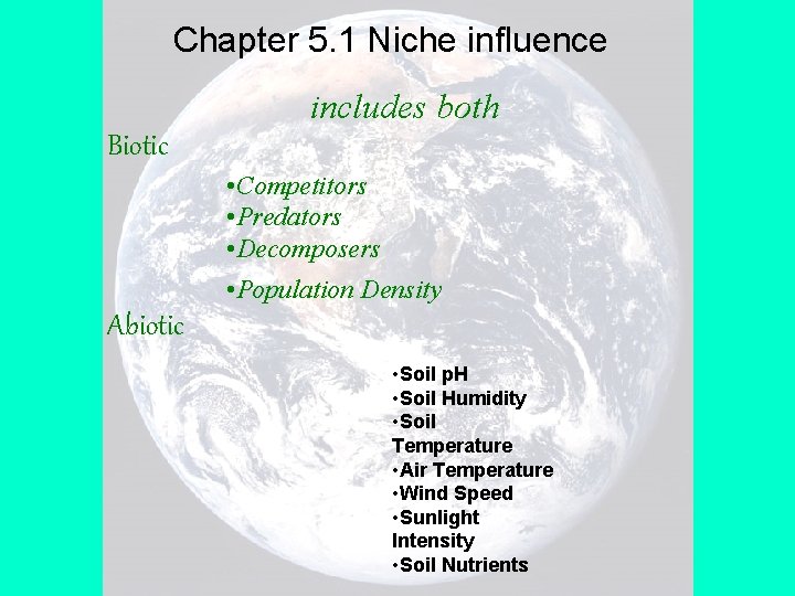 Chapter 5. 1 Niche influence includes both Biotic • Competitors • Predators • Decomposers