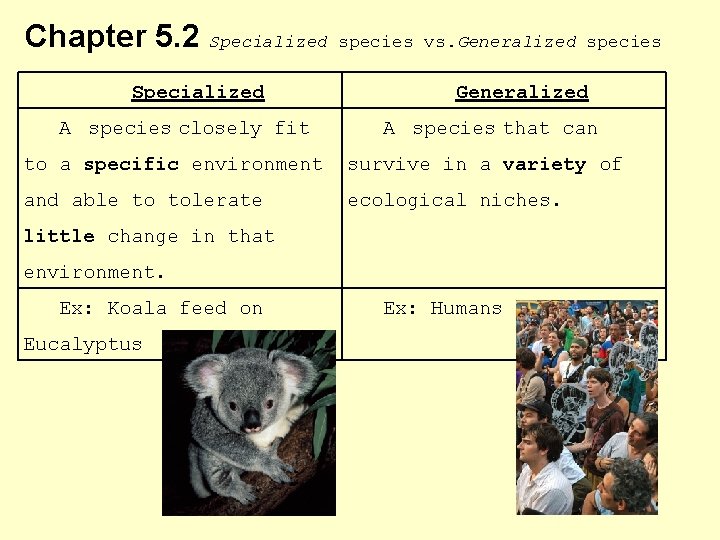 Chapter 5. 2 Specialized A species closely fit species vs. Generalized species Generalized A
