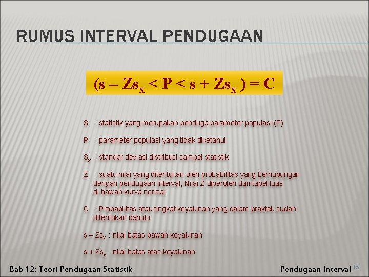 RUMUS INTERVAL PENDUGAAN (s – Zsx < P < s + Zsx ) =