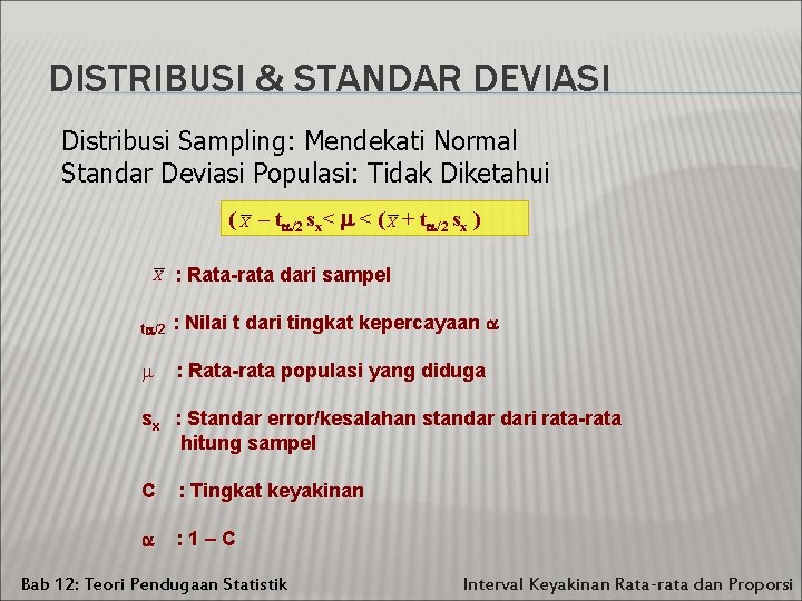 DISTRIBUSI & STANDAR DEVIASI Distribusi Sampling: Mendekati Normal Standar Deviasi Populasi: Tidak Diketahui (