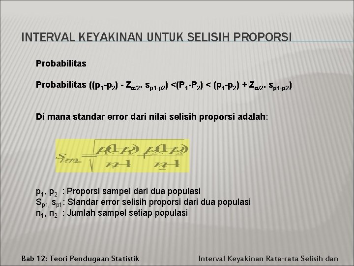 INTERVAL KEYAKINAN UNTUK SELISIH PROPORSI Probabilitas ((p 1 -p 2) - Z /2. sp