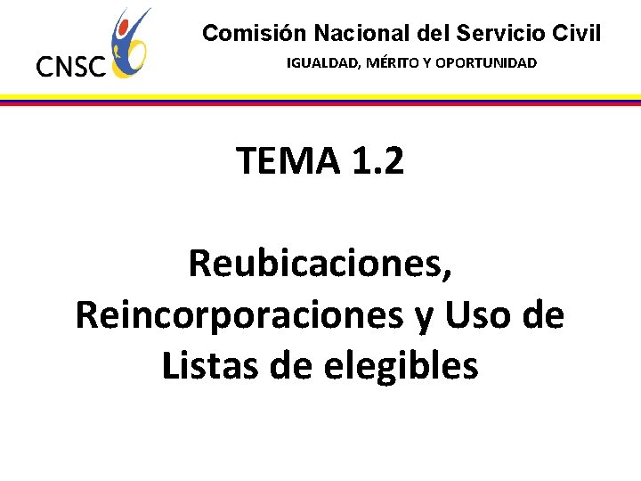 Comisión Nacional del Servicio Civil IGUALDAD, MÉRITO Y OPORTUNIDAD TEMA 1. 2 Reubicaciones, Reincorporaciones