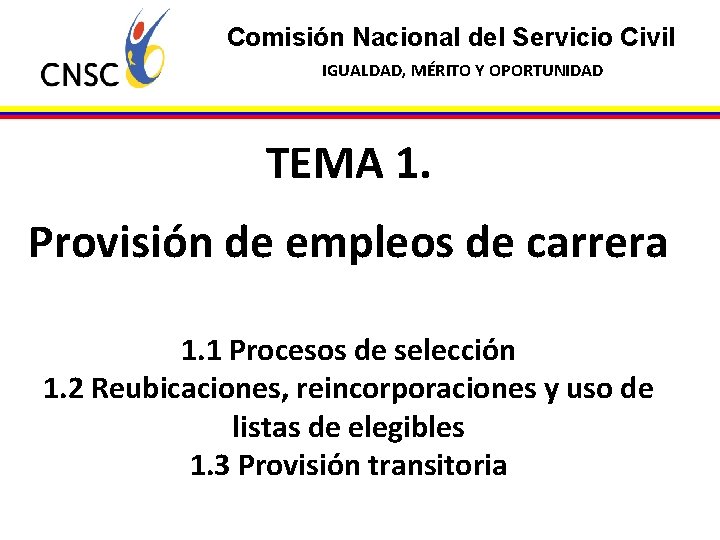 Comisión Nacional del Servicio Civil IGUALDAD, MÉRITO Y OPORTUNIDAD TEMA 1. Provisión de empleos