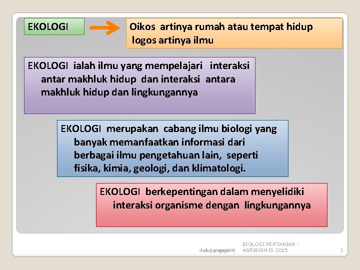 EKOLOGI Oikos artinya rumah atau tempat hidup logos artinya ilmu EKOLOGI ialah ilmu yang