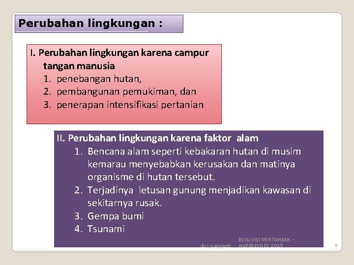 Perubahan lingkungan : I. Perubahan lingkungan karena campur tangan manusia 1. penebangan hutan, 2.