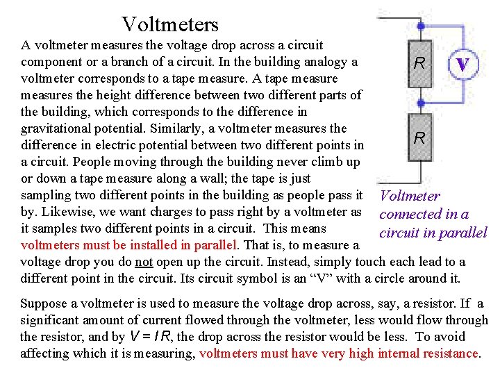 Voltmeters A voltmeter measures the voltage drop across a circuit component or a branch