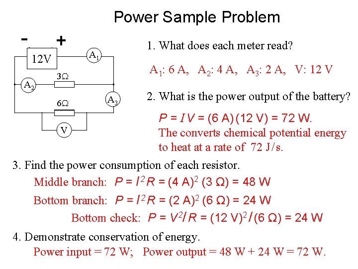 Power Sample Problem A 1 12 V A 2 1. What does each meter