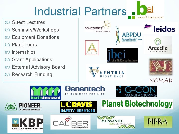 Industrial Partners Guest Lectures Seminars/Workshops Equipment Donations Plant Tours Internships Grant Applications External Advisory