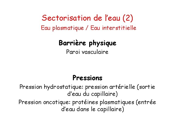 Sectorisation de l’eau (2) Eau plasmatique / Eau interstitielle Barrière physique Paroi vasculaire Pressions