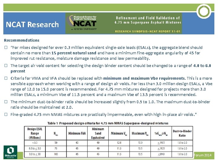 NCAT Research Recommendations � “For mixes designed for over 0. 3 million equivalent single-axle
