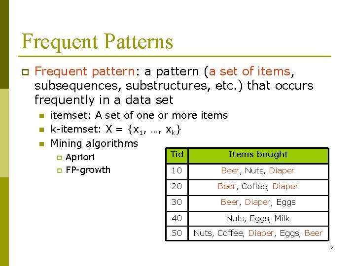 Frequent Patterns p Frequent pattern: a pattern (a set of items, subsequences, substructures, etc.