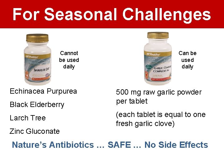 For Seasonal Challenges Cannot be used daily Echinacea Purpurea Black Elderberry Larch Tree Zinc