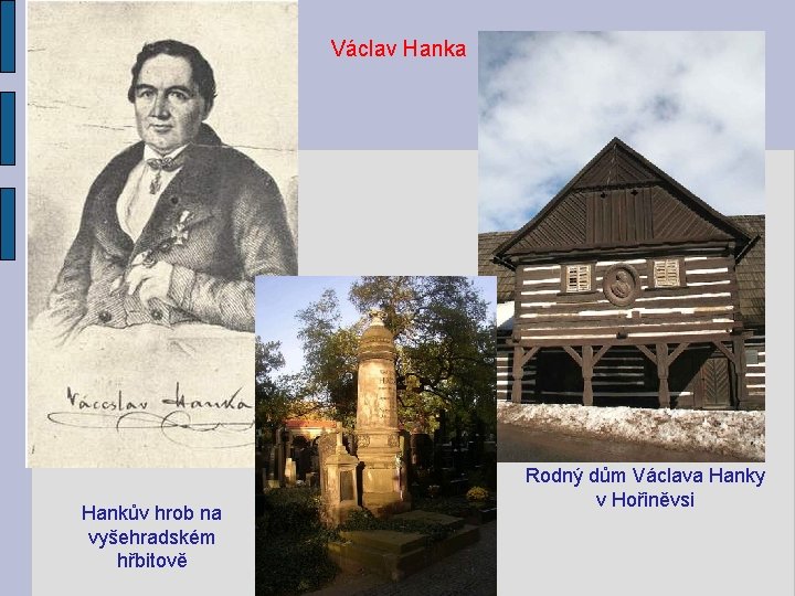 Václav Hanka Hankův hrob na vyšehradském hřbitově Rodný dům Václava Hanky v Hořiněvsi 