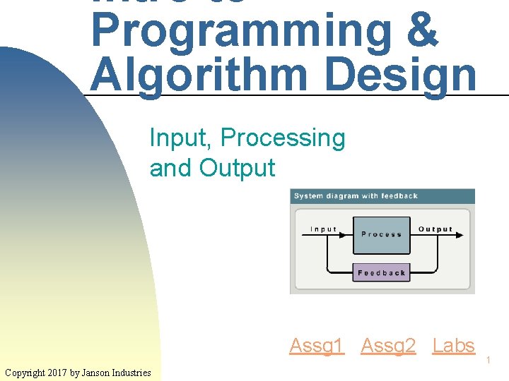 Intro to Programming & Algorithm Design Input, Processing and Output Assg 1 Assg 2