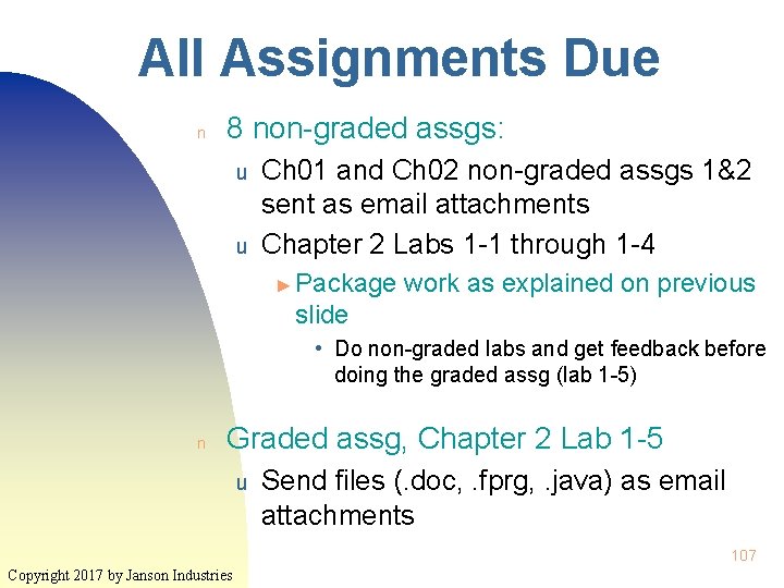 All Assignments Due n 8 non-graded assgs: u u Ch 01 and Ch 02