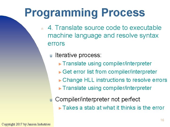 Programming Process n 4. Translate source code to executable machine language and resolve syntax