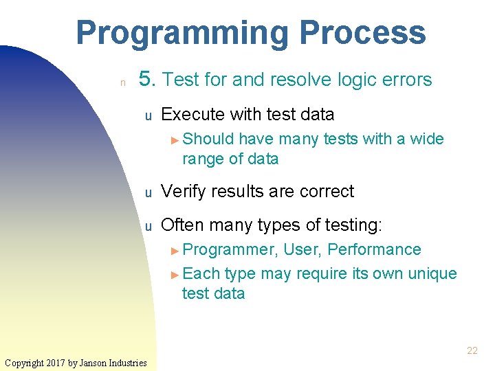 Programming Process n 5. Test for and resolve logic errors u Execute with test