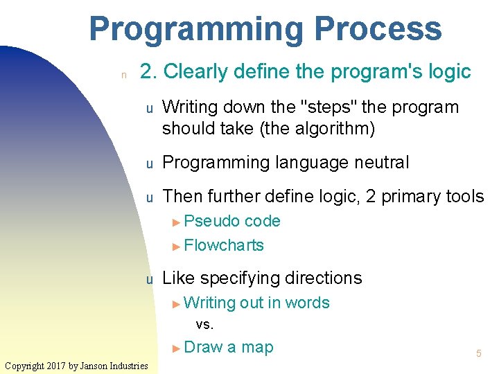 Programming Process n 2. Clearly define the program's logic u Writing down the "steps"