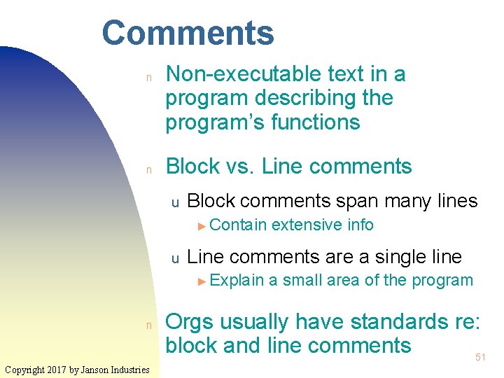 Comments n n Non-executable text in a program describing the program’s functions Block vs.