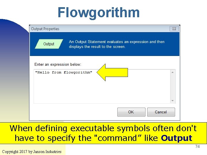Flowgorithm When defining executable symbols often don't have to specify the "command” like Output