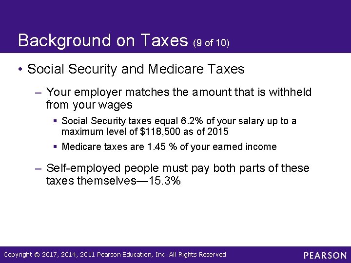 Background on Taxes (9 of 10) • Social Security and Medicare Taxes – Your