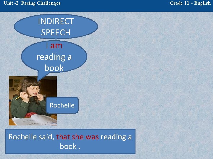 Unit -2 Facing Challenges INDIRECT SPEECH I am reading a book Rochelle said, that