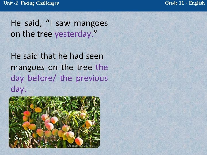 Unit -2 Facing Challenges He said, “I saw mangoes on the tree yesterday. ”