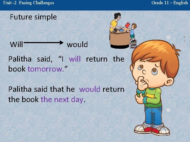 Grade 11 - English Unit -2 Facing Challenges Future simple Will would Palitha said,