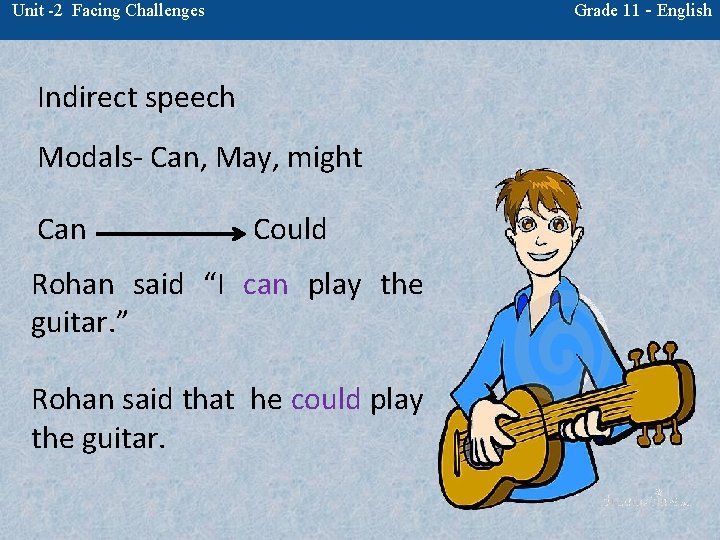 Grade 11 - English Unit -2 Facing Challenges Indirect speech Modals- Can, May, might