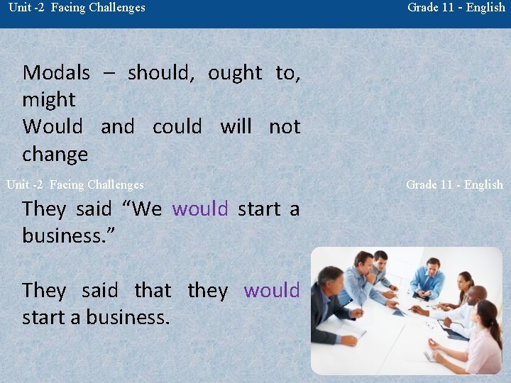 Unit -2 Facing Challenges Grade 11 - English Modals – should, ought to, might